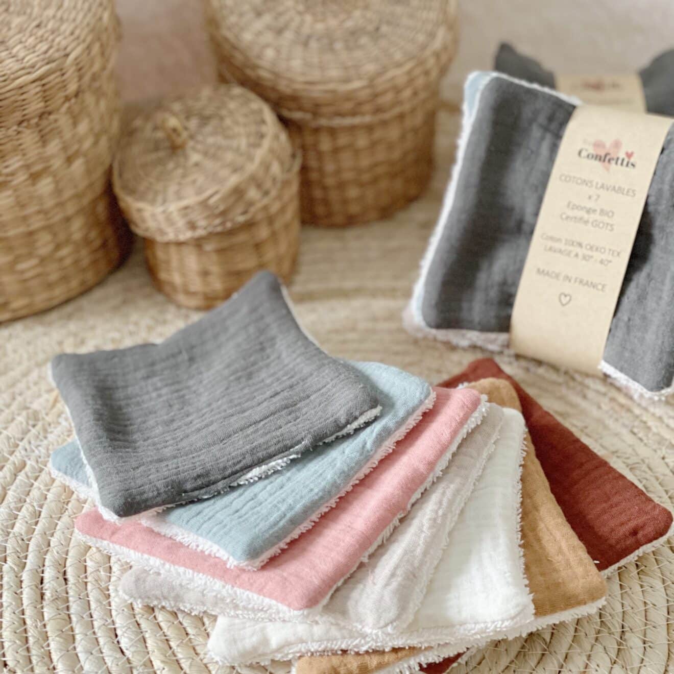 Lot De 8 Lingettes Lavables En Bambou Et Coton Avec Panier - Rose - Fait Main En France