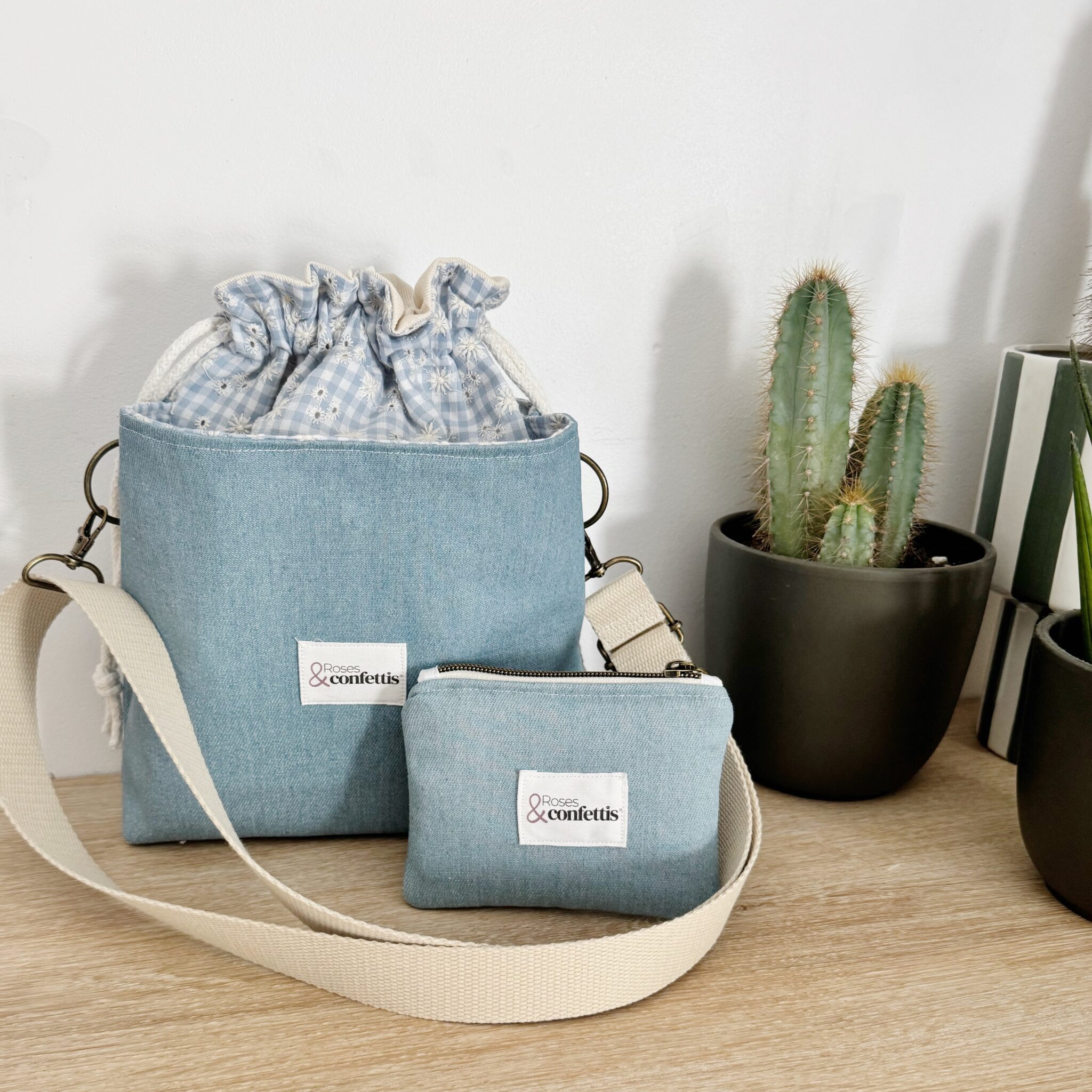 sac denim vichy bandouliere porte monnaie