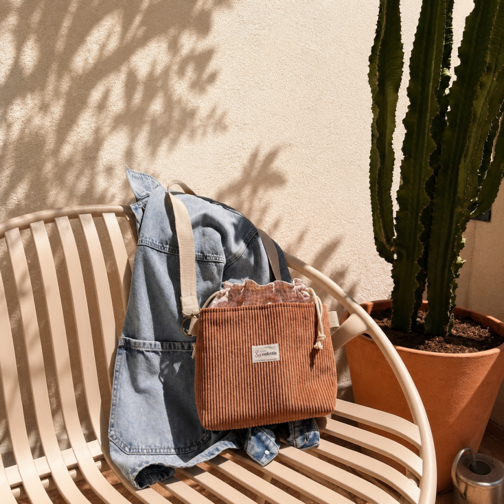 sac bandouliere velours cappuccino et tissu vichy brodé