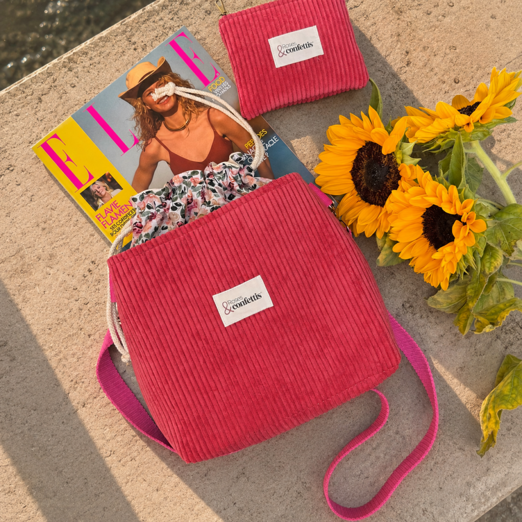 sac bandouliere velours framboise et tissu carla