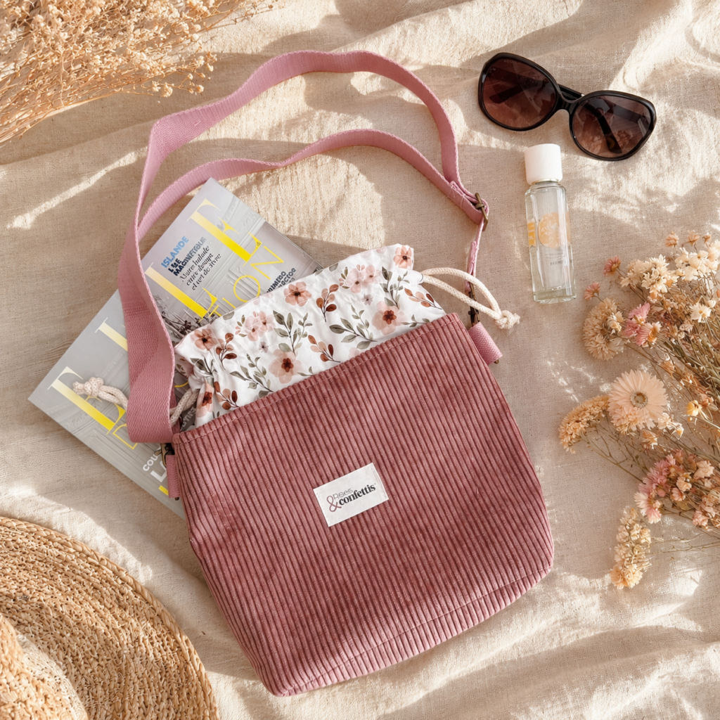 sac bandouliere velours tendre rose et tissu feuillages d'automne