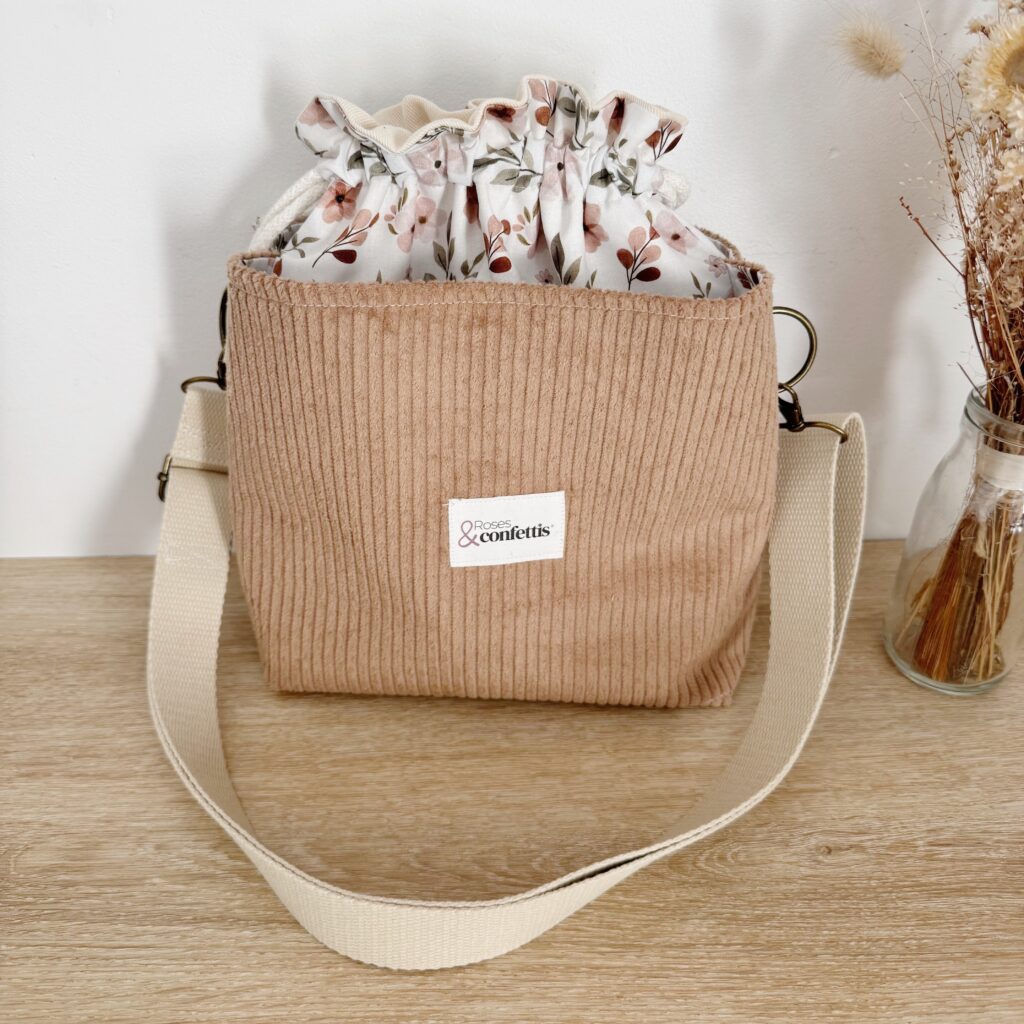 sac bandoulière vielours camel & tissu feuillages d'automne